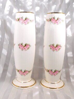Pair of Tall Ridged Pink Floral Vases # 26520